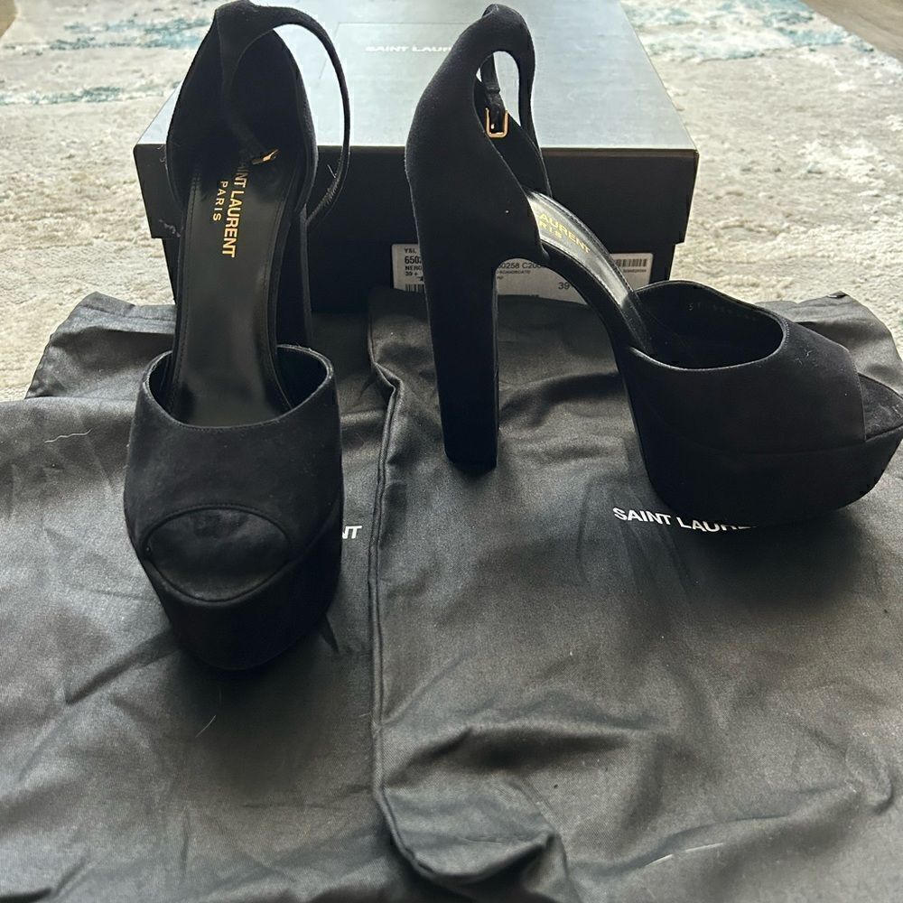 YSL Saint Laurent Black Suede Jodie Platform Heels Sandals– Size 39 9.5B